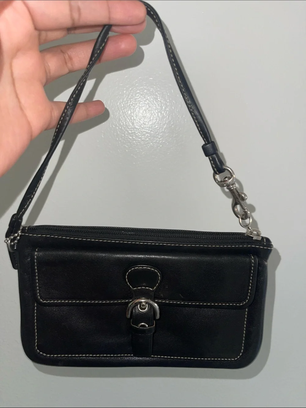Coach Black Leather Wristlet with Signature Canvas Trim